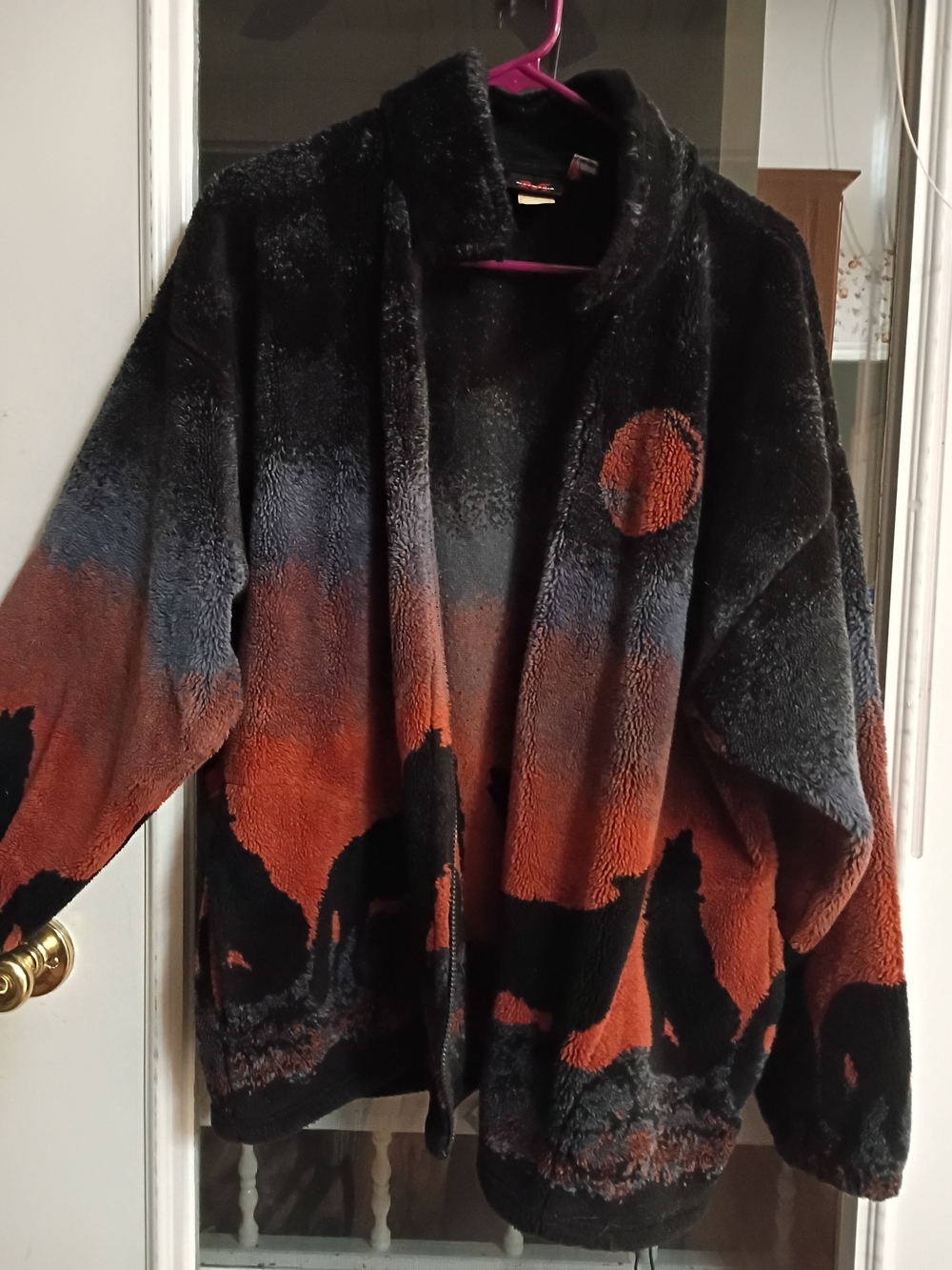 Mazmania Orange & Black Plush Fleece Jacket Featuring Wolf Pack and Full Moon